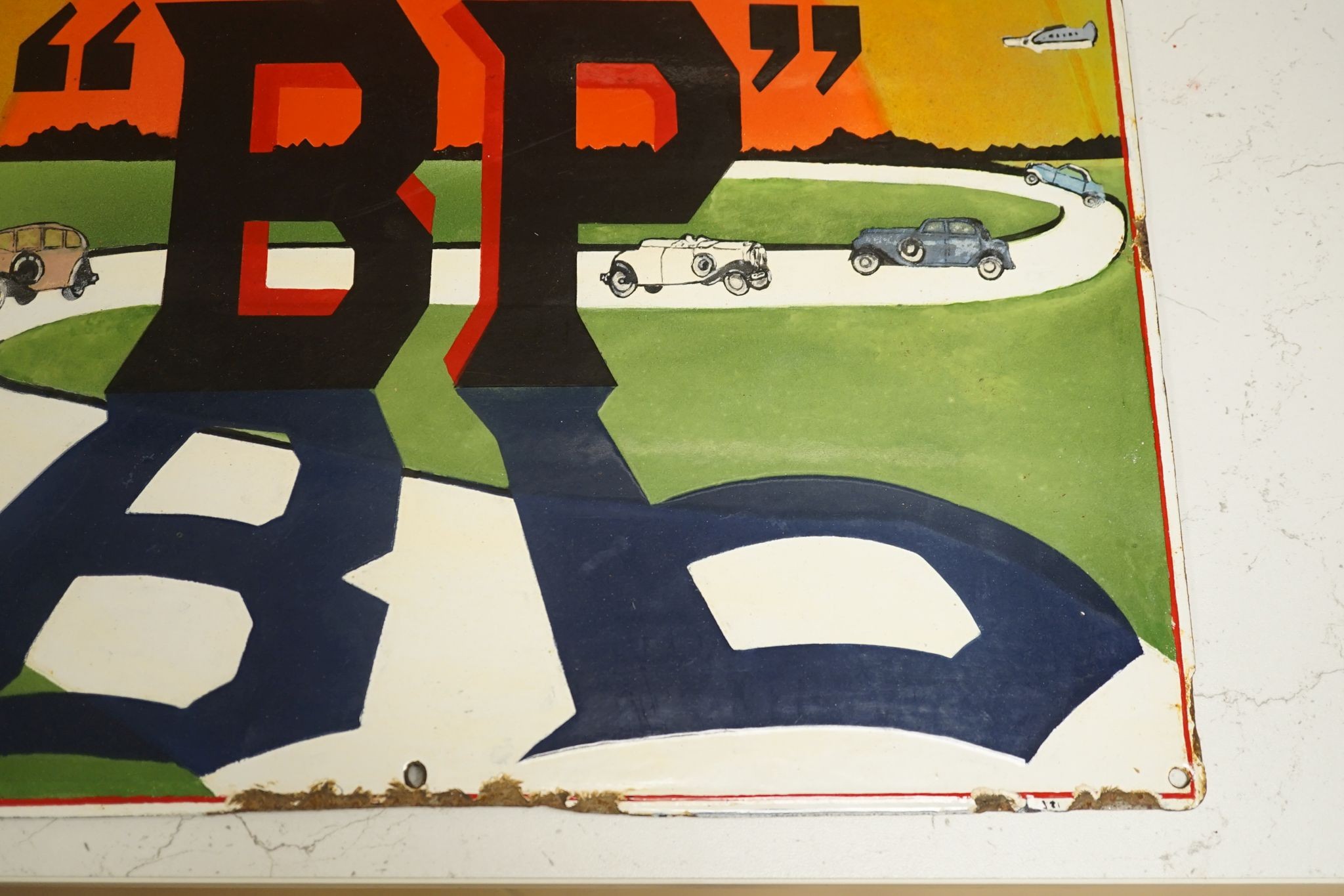 A BP roadway sign, 43 cms wide x 31 cms high.
